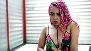 Pink-haired Latina minx stretched by guy in the bathroom