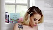 Blonde Latina shaves pussy in shower to make it with man in bed