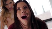 Girl takes strapon to drill busty stepmom's pussy in the kitchen