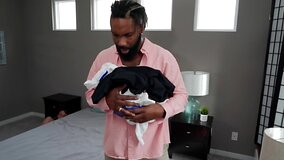 Big-tittied girl makes boyfriend leave the bedroom and has sex