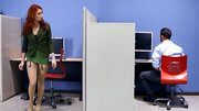 Debauchery in the office ends with cumshot on redhead's feet