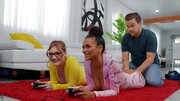 Interracial threesome makes the girls forget about video game