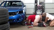 Short-haired blonde licks dude's ass and fucks in the garage