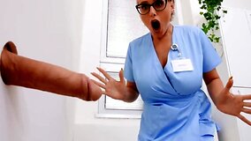Nerdy blonde nurse with big tits practices anal sex before shift