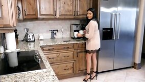 Splendid brunette Serena Santos takes a hard cock in the morning