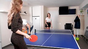 Samantha Sparkle tempts Kristof Cale in the table tennis room