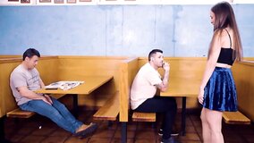 Slutty waitress fucks with a horny guest in the fast-food shop