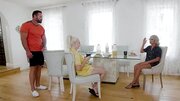 Beefed guy is fucking two splendid blondes on the couch