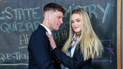 Juicy blonde schoolgirl jumps on classmate's hard cock