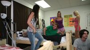 Good and busty gals taking turns with a fairly meaty member