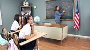Naughty cop bends over that schoolgirl and plays with her pussy