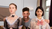 Muscled stallion fucks two female androids one by one
