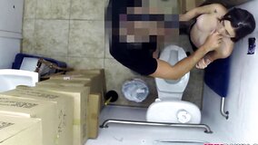 Dirty brunette fucks with her co-worker in the toilet