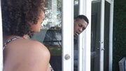 Curly-haired ebony girl licked and fucked on the couch