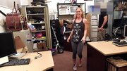 Blonde girl swallows spunk after being fucked by shop owner