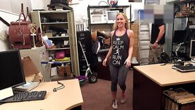 Blonde girl swallows spunk after being fucked by shop owner