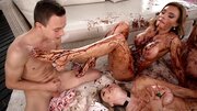 Filthy chicks are covered in trash and have an orgy