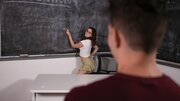 Tiny coed with sexy glasses takes care of hard cock