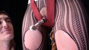 Submissive girl is strapped-up and stimulated with Hitachi